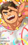  1boy :d bad_id bad_pixiv_id bara birthday blurry blurry_foreground blush brown_hair confetti dark-skinned_male dark_skin facial_hair goatee goatee_stubble hand_up happy happy_birthday large_pectorals long_sideburns looking_at_viewer male_focus muscular muscular_male one_eye_closed oskn_tengoku pectorals shirt short_hair sideburns smile solo stubble t-shirt takabushi_kengo thick_eyebrows tokyo_afterschool_summoners upper_body v-shaped_eyebrows 