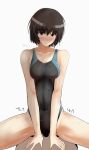  1girl absurdres amagami artist_name black_hair black_one-piece_swimsuit blue_one-piece_swimsuit blush breasts breasts_squeezed_together brown_eyes cleavage collarbone competition_school_swimsuit competition_swimsuit cowgirl_position feet_out_of_frame girl_on_top gyuunyuu_pack_(tanaka) hair_between_eyes hands_on_another&#039;s_stomach highleg highleg_swimsuit highres light_smile looking_at_viewer nanasaki_ai nose_blush one-piece_swimsuit pov pov_crotch school_swimsuit short_hair signature simple_background sitting sitting_on_person smile solo_focus spread_legs straddling swimsuit translated two-tone_swimsuit v_arms wet white_background wide_spread_legs 