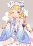  1girl bathrobe blonde_hair blush braid cagliostro_(granblue_fantasy) commentary detached_sleeves fleur_de_lis floral_background floral_print granblue_fantasy grey_background hairband jiman long_hair looking_at_viewer low_twin_braids one_eye_closed pom_pom_(clothes) purple_eyes scrunchie sitting smile solo twin_braids wariza wide_sleeves wrist_scrunchie 