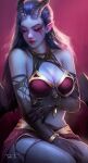  1girl armor bikini_armor black_gloves breasts cleavage closed_eyes closed_mouth demon_girl demon_horns demon_wings dota_(series) dota_2 elbow_gloves facepaint gloves highres horns long_hair pointy_ears queen_of_pain_(dota) razaras signature solo torn_clothes torn_gloves wings 