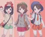  3girls :d backpack bag beanie beret black_bag blush braid breast_pocket brown_eyes brown_hair buttons cardigan character_name clenched_hand closed_mouth collared_dress collared_shirt commentary_request dress eyelashes gloria_(pokemon) green_headwear green_shorts grey_cardigan grin hat highres holding holding_poke_ball hood hood_down hooded_cardigan juliana_(pokemon) knees korean_commentary memoji_7672 multiple_girls necktie open_mouth orange_necktie orange_shorts pink_dress pocket poke_ball poke_ball_(basic) pokemon pokemon_sm pokemon_sv pokemon_swsh red_headwear school_uniform selene_(pokemon) shirt short_sleeves shorts shoulder_bag smile socks t-shirt teeth tied_shirt yellow_shirt 