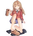  1girl aisaka_taiga angry bare_legs barefoot blush chaosexceed feet highres holding_shoe long_hair open_mouth pleated_skirt school_uniform shoes simple_background sitting skirt soles toes toradora! tsundere unworn_shoes unworn_socks v-shaped_eyebrows white_background 