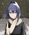  1girl absurdres black_coat blue_eyes blue_hair coat highres hololive hololive_english husbant_(meme) looking_at_viewer meme night o22no ouro_kronii outdoors scarf short_hair slit_pupils snow snow_on_body snow_on_head snowing solo white_scarf winter 