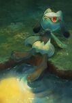  arm_support closed_mouth commentary_request gen_4_pokemon grass kikuyoshi_(tracco) leaning_back looking_up pokemon pokemon_(creature) red_eyes reflection riolu ripples sitting smile solo toes water 