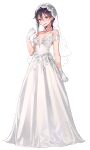  1girl bangs black_hair blue_eyes center_opening dress dsmile full_body gloves hayahoshi_akuru highres long_dress official_art open_mouth oshi_no_love_yori_koi_no_love photoshop_(medium) satin satin_clothes satin_dress solo standing tachi-e transparent_background veil wedding_dress white_dress white_gloves 