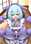  &gt;o&lt; animal_ears apron artist_name blue_hair blush claws closed_eyes dragon_girl dragon_horns dragon_tail dress duel_monster fang hair_between_eyes hands_on_lap highres horns kneeling laundry_dragonmaid maid maid_apron motion_lines open_mouth purple_dress purple_hair scavia10 sparkle tail tail_wagging wooden_floor yu-gi-oh! 