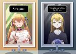  1girl absurdres blonde_hair closed_eyes dokibird_(vtuber) empty_eyes english_text green_eyes grin highres holding holding_paper indie_virtual_youtuber khoaphan96 long_hair looking_at_viewer paper purple_hair smile undertale virtual_youtuber 