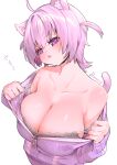  1girl absurdres ahoge animal_ear_fluff animal_ears breasts camisole cat_cutout cat_ears cat_girl cat_tail clothing_cutout collarbone grey_camisole head_tilt highres hololive jacket large_breasts looking_at_viewer medium_hair nekomata_okayu nekomata_okayu_(7th_costume) no_bra official_alternate_costume parted_lips partially_unzipped purple_eyes purple_hair purple_jacket simple_background solo strap_pull tail twitter_username two_side_up undressing uzda_ricecake virtual_youtuber white_background zipper_pull_tab 
