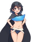  1girl :d absurdres adapted_costume bangs black_cape black_hair blue_eyes blue_swimsuit breasts cape clothes_pull commentary cowboy_shot greater_lophorina_(kemono_friends) groin hands_on_hips head_wings highres kemono_friends looking_at_viewer medium_breasts navel one-piece_swimsuit open_mouth school_swimsuit shiraha_maru short_hair simple_background smile solo swimsuit swimsuit_pull thigh_gap underboob white_background 