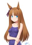  1girl animal_ears artist_logo blue_eyes blue_one-piece_swimsuit breasts brown_hair covered_navel grass_wonder_(umamusume) highres horse_ears horse_girl long_hair looking_at_viewer one-piece_swimsuit simple_background small_breasts solo swimsuit t2r tracen_swimsuit umamusume upper_body white_background 