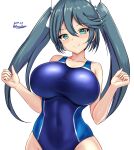  1girl blue_eyes blue_hair blue_one-piece_swimsuit blush breasts competition_swimsuit covered_navel cowboy_shot dated hair_between_eyes hair_ribbon highres huge_breasts impossible_clothes impossible_swimsuit isuzu_(kancolle) kantai_collection long_hair looking_at_viewer montemasa one-piece_swimsuit ribbon smile solo swimsuit twitter_username two-tone_swimsuit white_background white_ribbon 