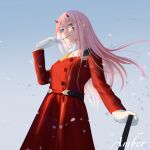  1girl amberdl artist_name bangs belt blood blood_on_face blue_eyes darling_in_the_franxx dress floating_hair glove_in_mouth gloves highres horns long_hair long_sleeves looking_at_viewer military military_uniform mouth_hold pink_hair red_dress straight_hair teeth_hold uniform white_gloves zero_two_(darling_in_the_franxx) 