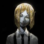  1other androgynous black_necktie blonde_hair bob_cut closed_mouth collared_shirt colored_eyelashes colored_skin cracked_skin gem_uniform_(houseki_no_kuni) grey_skin halterneck head_tilt highres houseki_no_kuni looking_at_viewer mapomap0 necktie other_focus parted_bangs shirt short_hair simple_background smile solo suspenders upper_body white_shirt yellow_diamond_(houseki_no_kuni) yellow_eyes yellow_lips yellow_theme 