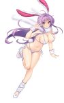  1girl ahoge animal_ears bare_shoulders bikini blush breasts cleavage collarbone earrings floating_hair fur_scarf groin hataraki_kuma high_heels highres imperishable_night jewelry leg_warmers long_hair looking_at_viewer micro_bikini navel purple_hair rabbit_ears rabbit_girl rabbit_tail red_eyes reisen_udongein_inaba side-tie_bikini_bottom sidelocks simple_background smile solo standing standing_on_one_leg string_bikini stud_earrings swimsuit tail thighs touhou very_long_hair w white_background white_bikini white_footwear white_leg_warmers wrist_cuffs 