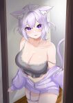  1girl absurdres ahoge animal_ears breasts camisole cat_ears cat_tail cleavage grey_camisole highres hololive jacket large_breasts lazycoffee_(wyen_iscordo) multicolored_clothes multicolored_jacket navel nekomata_okayu nekomata_okayu_(7th_costume) partially_unzipped purple_eyes purple_hair purple_nails purple_shorts shorts strap_slip tail virtual_youtuber 