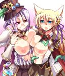  2girls animal_ears armor bangs bell between_breasts black_neckwear black_skirt blonde_hair blue_eyes blush breasts breasts_outside cape closed_mouth clothes_lift collared_shirt commentary_request cowboy_shot emon-yu eyebrows_visible_through_hair flask gears genetic_(ragnarok_online) glasses hair_bell hair_between_eyes hair_ornament hair_ribbon hat jacket jingle_bell large_breasts living_clothes long_hair looking_at_another medium_breasts medium_hair multiple_girls navel necktie necktie_between_breasts nipples open_mouth pauldrons purple_hair purple_ribbon ragnarok_online red_cape red_eyes red_shirt ribbon round-bottom_flask shirt shirt_lift shoulder_armor skirt smile teeth tentacles top_hat white_jacket 