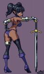  1girl ass bikini black_hair black_thighhighs blunt_bangs boots dark_skin from_behind gauntlets hand_on_own_hip high_heel_boots high_heels holding holding_sword holding_weapon looking_back lowres mabius original pixel_art pointy_ears purple_bikini purple_footwear simple_background solo swimsuit sword thighhighs twintails weapon 