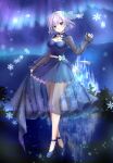  1girl alternate_costume aurora blue_dress blue_eyes blue_footwear bow bowtie breasts building cleavage closed_mouth commentary_request dress hair_ornament highres ice letty_whiterock looking_at_viewer nail_polish night night_sky reflection see-through see-through_skirt_layer see-through_sleeves shironeko_yuuki short_hair skirt_hold sky smile snowflake_hair_ornament snowflakes solo star_(sky) touhou tree waist_bow water white_bow white_bowtie 