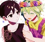  2boys ^_^ arm_hug bare_shoulders basil_(omori) black_eyes black_hair black_tank_top closed_eyes collarbone colored_eyelashes commentary_request expressionless flower_wreath from_side green_hair head_wreath looking_at_another male_focus mokyu1156 multiple_boys omori open_mouth overalls purple_overalls shirt short_hair short_sleeves simple_background smile sunny_(omori) t-shirt tank_top upper_body white_background yellow_shirt 
