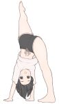  1girl 1ssakawaguchi bare_legs barefoot black_eyes black_hair black_shorts blush handstand highres ichika_(1ssakawaguchi) leg_up midriff open_mouth original shirt short_hair short_sleeves shorts simple_background solo toes white_background white_shirt 