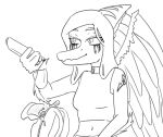 2024 anthro backpack black_and_white clothing crop_top dinosaur elbow_feathers eyelashes fang_(gvh) feathered_wings feathers female goodbye_volcano_high gun hair halter_top hi_res jacket_ignites long_hair makeup mascara mascara_tears midriff monochrome navel pterodactylus pterosaur ranged_weapon reptile scalie shirt sketch smile snout solo topwear weapon wings