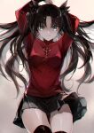  1girl arms_up black_hair black_skirt black_thighhighs blue_eyes breasts fate/stay_night fate_(series) highres kino_kokko long_hair long_sleeves looking_at_viewer medium_breasts miniskirt pleated_skirt skirt smile solo thighhighs thighs tohsaka_rin two_side_up 