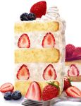  blueberry cake cake_slice food food_focus fork fruit highres kaneko_ryou no_humans original simple_background still_life strawberry strawberry_shortcake white_background 