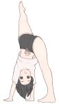  1girl 1ssakawaguchi absurdres bare_legs barefoot black_eyes black_hair black_shorts blush commentary dolphin_shorts handstand highres ichika_(1ssakawaguchi) leg_up midriff open_mouth original shirt short_hair short_sleeves shorts simple_background solo split stretching symbol-only_commentary toes white_background white_shirt 