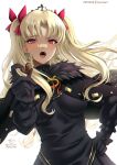  1girl absurdres artist_name black_capelet black_dress black_gloves blonde_hair blush breasts candy capelet chocolate dark-skinned_female dark_skin dress earrings ereshkigal_(fate) ereshkigal_alter_(fate) fate/grand_order fate_(series) food fur-trimmed_capelet fur_trim gloves hair_ribbon heart heart-shaped_chocolate highres hoop_earrings jewelry long_hair long_sleeves looking_at_viewer medium_breasts open_mouth orange_eyes parted_bangs patreon_username ribbon ryuuneart solo tiara two_side_up 