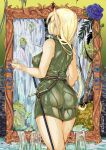  1girl absurdres ass belt blonde_hair breasts brown_belt crois deedlit dress elf feet_out_of_frame flower from_behind green_eyes hair_over_shoulder highres long_hair medium_breasts mirror nipples no_bra no_panties perky_breasts pointy_ears rapier record_of_lodoss_war see-through_dress sheath sheathed short_dress sleeveless sleeveless_dress solo standing sword water weapon wet wet_clothes wet_dress wet_hair 