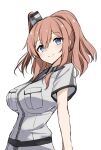  1girl blue_eyes breast_pocket breasts brown_hair dress grey_neckerchief hair_between_eyes high_side_ponytail highres kantai_collection large_breasts long_hair looking_at_viewer neckerchief one-hour_drawing_challenge pocket ponytail sakikumo_(sakumo) saratoga_(kancolle) saratoga_mk_ii_(kancolle) side_ponytail simple_background solo standing upper_body white_background white_dress 