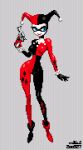  1girl blue_eyes bodysuit breasts dc_comics domino_mask gun harley_quinn holding holding_gun holding_weapon lowres mabius mask pixel_art simple_background smile solo weapon wide_hips 