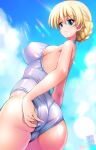  1girl adjusting_clothes adjusting_swimsuit ass back bangs blonde_hair blue_eyes blush braid breasts cameltoe cloud covered_nipples darjeeling_(girls_und_panzer) day from_behind girls_und_panzer highres kamogawa_tanuki large_breasts looking_at_viewer looking_back one-piece_swimsuit shiny shiny_clothes shiny_hair shiny_skin short_hair smile solo standing swimsuit tied_hair twin_braids white_swimsuit 