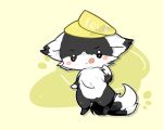 2016 abstract_background ambiguous_gender anthro black_body black_fur canid canine chibi clothing deaic fox fur hat headgear headwear kemono licking licking_lips mammal semi-anthro smile solo tongue tongue_out white_body white_fur