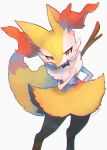  animal_ear_fluff braixen commentary_request fang furry gen_6_pokemon hand_up highres kikuyoshi_(tracco) looking_at_viewer open_mouth orange_eyes pokemon pokemon_(creature) signature simple_background skin_fang smile solo stick white_background white_fur 