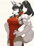  1girl absurdres animal_ears black_hair china_dress chinese_clothes dress furry furry_female gaku_(ququlg) hand_on_own_hip highres long_hair looking_to_the_side muscular muscular_female original ponytail solo tail white_background white_fur wolf_ears wolf_girl wolf_tail 