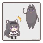  1girl :3 akemi_homura alternate_color azumanga_daioh black_hair black_hairband blush_stickers cat_tail chibi creature floating hairband highres long_hair magical_girl mahou_shoujo_madoka_magica mahou_shoujo_madoka_magica_(anime) mihama_chiyo&#039;s_father purple_eyes tail twitter_username yuno385 