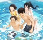  2boys 2girls :d artist_logo bangs bare_shoulders bikini black_hair blush breasts brown_hair chitanda_eru cleavage closed_mouth collarbone fukube_satoshi green_eyes hair_between_eyes highres hyouka ibara_mayaka in_water leaning_on_person long_hair looking_at_another mery_(yangmalgage) multiple_boys multiple_girls navel open_mouth oreki_houtarou pink_eyes ponytail pool purple_eyes short_hair smile standing stomach swimsuit water white_bikini yellow_bikini 