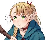  1girl alternate_hairstyle blonde_hair blue_robe braid choker commentary dungeon_meshi elf hair_around_ear hair_ribbon highres holding holding_staff kakaobataa long_hair looking_up marcille pointy_ears ponytail red_choker ribbon side_braid single_braid solo staff white_background younger 