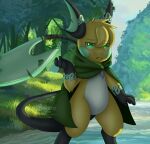 2022 anthro anthrofied belly blade blonde_hair bokurei cape cape_only cheek_spots clothing creek day detailed_background eye_through_hair featureless_crotch forest front_view frown generation_1_pokemon gloves_(marking) grass green_cape green_eyes green_nose hair hi_res leg_markings long_tail looking_at_viewer male mammal markings mostly_nude nintendo norman_(bokurei) notched_ear outside plant pokemon pokemon_(species) portrait raichu raised_tail rodent short_hair socks_(marking) solo standing tail tail_blade three-quarter_portrait translucent translucent_hair tree water weapon_tail
