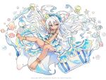  1girl animal_ear_fluff animal_ears anklet armlet bisclavret blush copyright_notice fish grey_eyes hammer holding holding_hammer jellyfish jewelry kai-ri-sei_million_arthur long_hair million_arthur_(series) octopus official_art simple_background smile solo somjeu starfish swimsuit tail white_background white_hair wolf_ears wolf_girl wolf_tail 