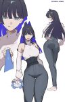  ass black_hair blue_eyes blue_hair blue_pants breasts colored_inner_hair denim detached_sleeves hair_intakes high-waist_pants highres hololive jeans long_hair multicolored_hair o22no official_alternate_hairstyle ouro_kronii ouro_kronii_(casual) pants sweater_tucked_in virtual_youtuber 