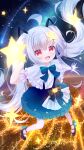  1girl :d dress full_body highres original red_eyes sky smile star_(sky) star_(symbol) starry_sky thighhighs twintails white_hair white_thighhighs yottacc 