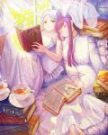  2girls absurdres bare_shoulders book book_stack closed_eyes cup curtains dress earrings fern_(sousou_no_frieren) frieren green_eyes head_on_another&#039;s_shoulder highres holding holding_book jewelry long_hair looking_at_viewer lying multiple_girls nakauma on_back open_book purple_hair saucer sitting sleeping sleeveless sleeveless_dress smile sousou_no_frieren teacup white_dress white_hair window 
