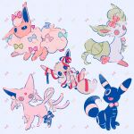  black_eyes bow bowtie bright_pupils brown_eyes closed_mouth eevee espeon flareon highres leafeon looking_at_viewer looking_back mouth_hold no_humans oharu-chan pokemon pokemon_(creature) red_ribbon ribbon sitting smile umbreon white_pupils 