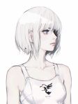  1girl bare_arms bare_shoulders breasts d.k grey_hair one_eye_covered pale_skin print_eyepatch punishing:_gray_raven purple_eyes shirt short_hair sidelocks small_breasts solo suspenders vanessa_(punishing:_gray_raven) white_background white_shirt 