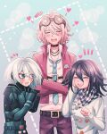  1boy 2girls ahoge antenna_hair bangs barbed_wire belt black_belt black_choker black_scarf blush buttons checkered checkered_neckwear checkered_scarf cheer_(cheerkitty14) choker collarbone collared_shirt crossed_arms danganronpa_(series) danganronpa_v3:_killing_harmony double-breasted dress_shirt flying_sweatdrops genderswap genderswap_(ftm) genderswap_(mtf) goggles goggles_on_head green_background grey_eyes grey_hair hand_up heart highres iruma_miu jacket keebo long_sleeves multiple_girls necktie notice_lines o-ring open_mouth ouma_kokichi pants pink_jacket pink_pants pointing_at_another power_armor scarf shirt straitjacket upper_teeth white_scarf white_shirt 
