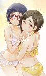  2girls ass back bare_shoulders bespectacled bikini black_hair blue_hair blunt_bangs blush breasts chanja cleavage collarbone commentary cowboy_shot frilled_bikini frills glasses gradient_background hands_up highres idolmaster idolmaster_cinderella_girls idolmaster_cinderella_girls_starlight_stage interlocked_fingers looking_at_viewer matsuo_chizuru multiple_girls okazaki_yasuha purple_eyes red-framed_eyewear short_hair shy simple_background small_breasts smile standing swimsuit thick_eyebrows white_bikini yellow_background yellow_bikini 