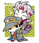  2boys :3 belt biting blush_stickers border chain closed_eyes coat dio_brando earrings full_body grey_coat grey_hair grey_headwear grey_pants head_biting jewelry jitome jojo_no_kimyou_na_bouken kotorai kujo_jotaro male_focus multiple_boys no_nose orange_shirt pants shirt translation_request white_border 