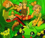  3boys aaron_(pokemon) beautifly belt black_shirt brown_hair bug bugsy_(pokemon) burgh_(pokemon) combee fon-due_(fonfon) forest green_hair green_shirt joltik multiple_boys nature non-web_source orange_pants pants pokemon pokemon_(creature) pokemon_bw pokemon_dppt pokemon_gsc purple_hair sewaddle shirt shorts source_request spinarak v weedle 